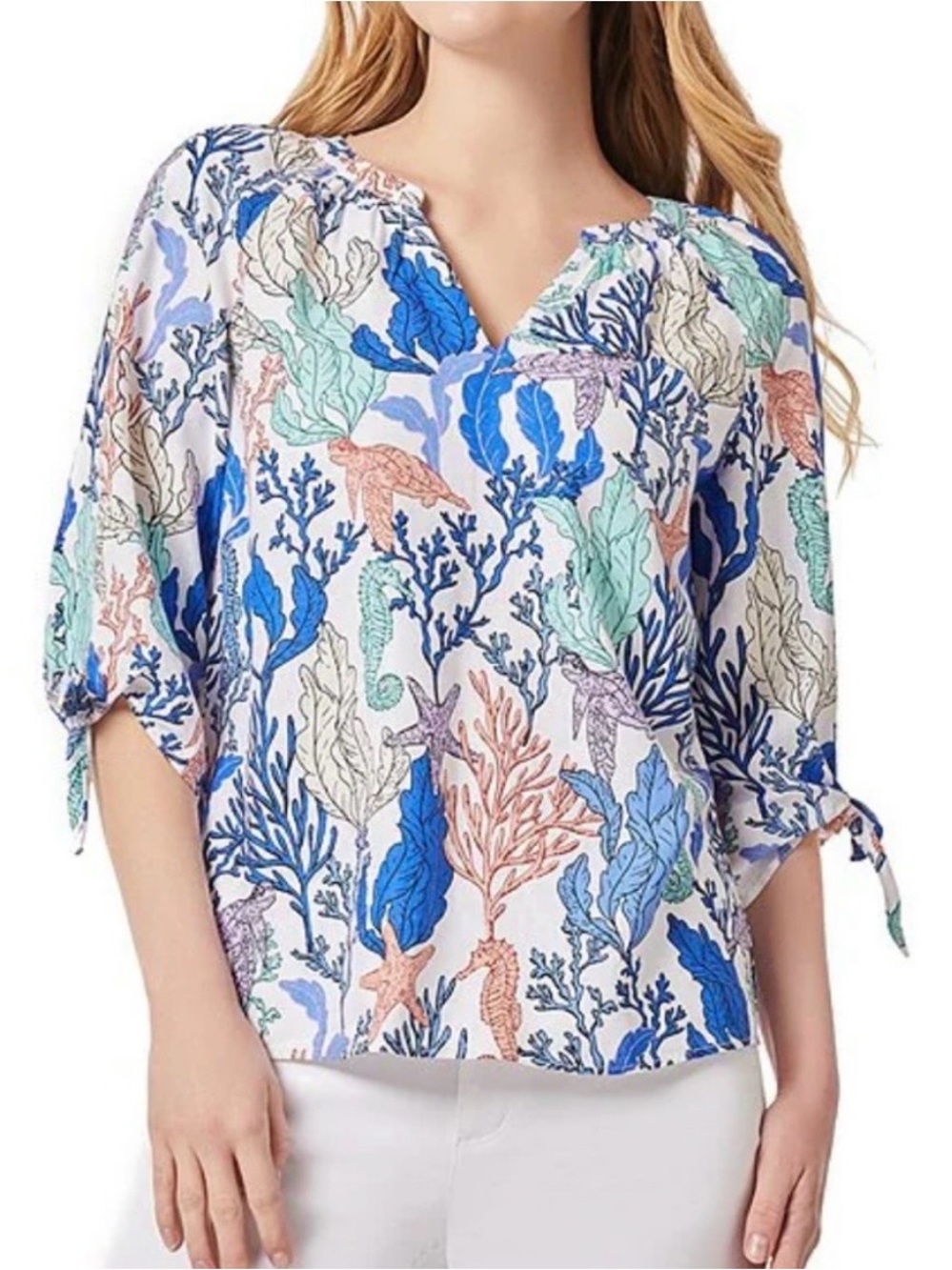 Jones of New York Sea Life Print Tie-Sleeve 3/4 Blouse - Blue Multi